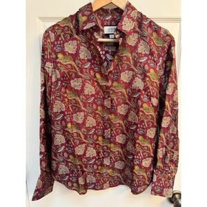 J. Crew Jungle Cat Vintage Burgundy Button Down 100% Silk Twill Top Size 2